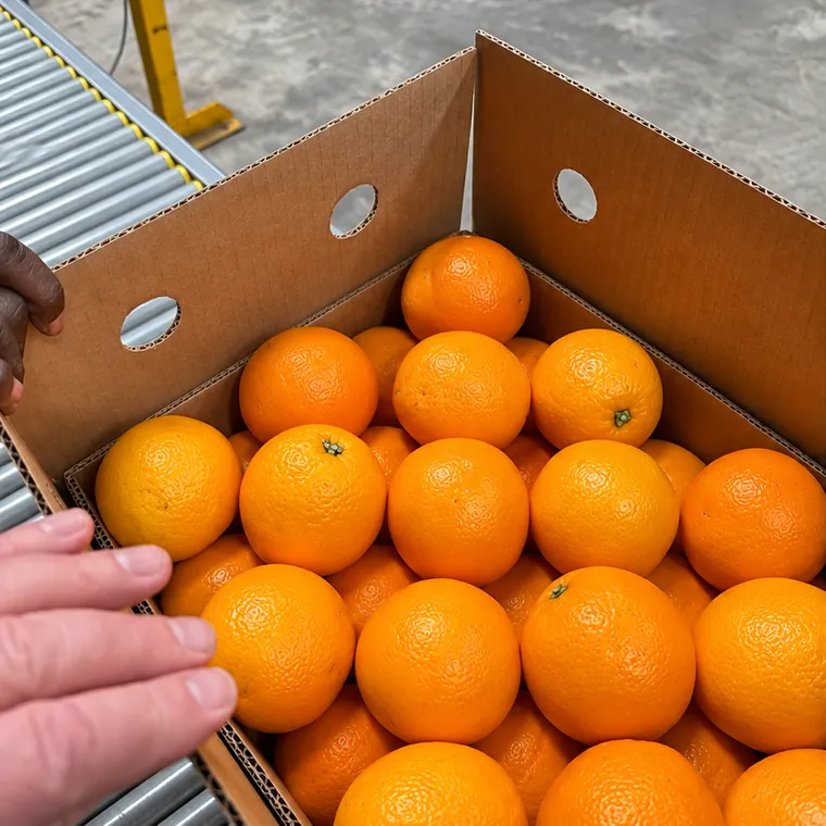 Oranges being packed for export at a VeroChain partner pack house