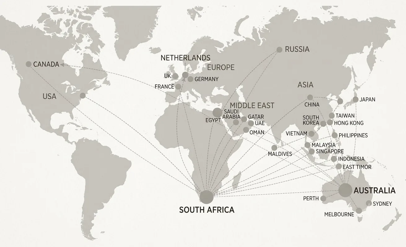 World map showing VeroChain fruit export routes from South Africa to Europe, the Middle East, Asia, the Americas and Australia