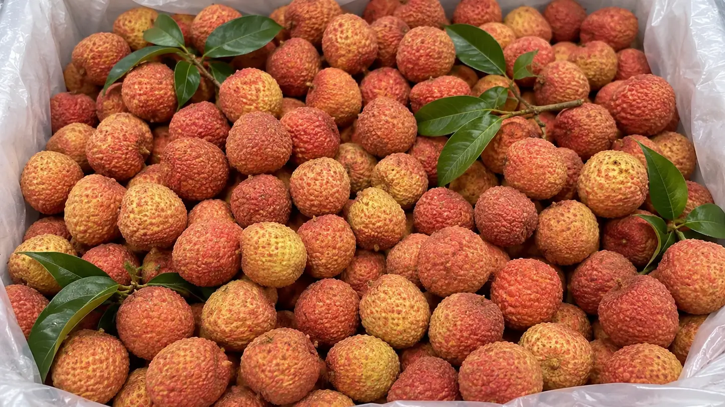 Fresh lychees packed in a lined export carton